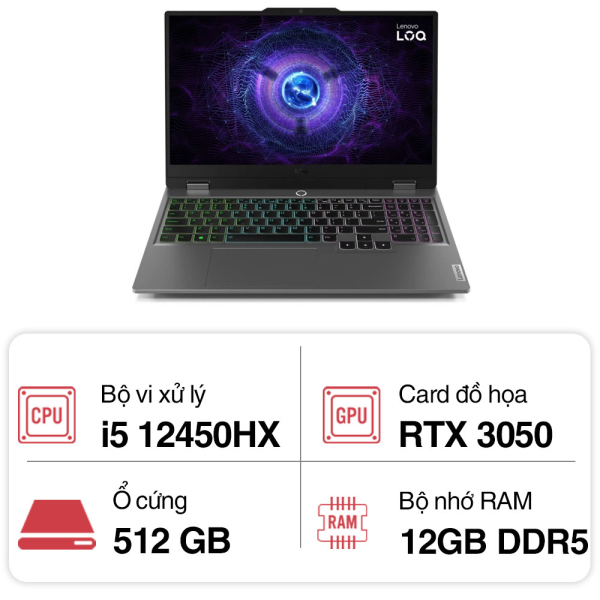 Laptop Gaming Lenovo LOQ 15IRX9 83GS001RVN Core i5-12450HX/ 12GB/ 512GB SSD/ RTX 3050 6Gb/ 15.6 inch FHD 144Hz/ Win11/ Luna Grey - Ảnh 2