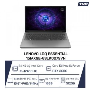 Laptop Lenovo LOQ Essential 15IAX9E-83LK0079VN Core i5-12450HX/ 16GB/ 512GB/ RTX 3050 6GB/ 15.6 inch/ 144Hz/ Win 11/ Xám